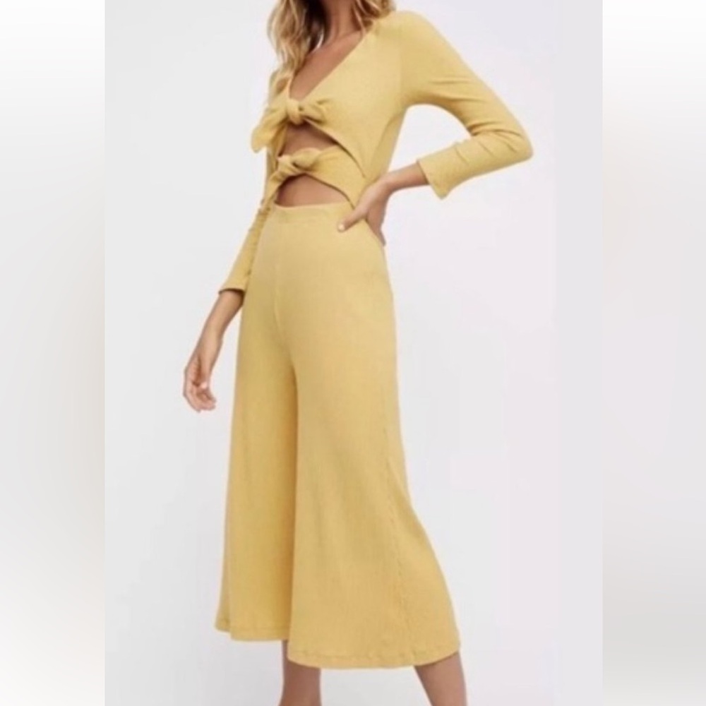 Free People Yellow Tie-Front Wide-Leg Jumpsuit